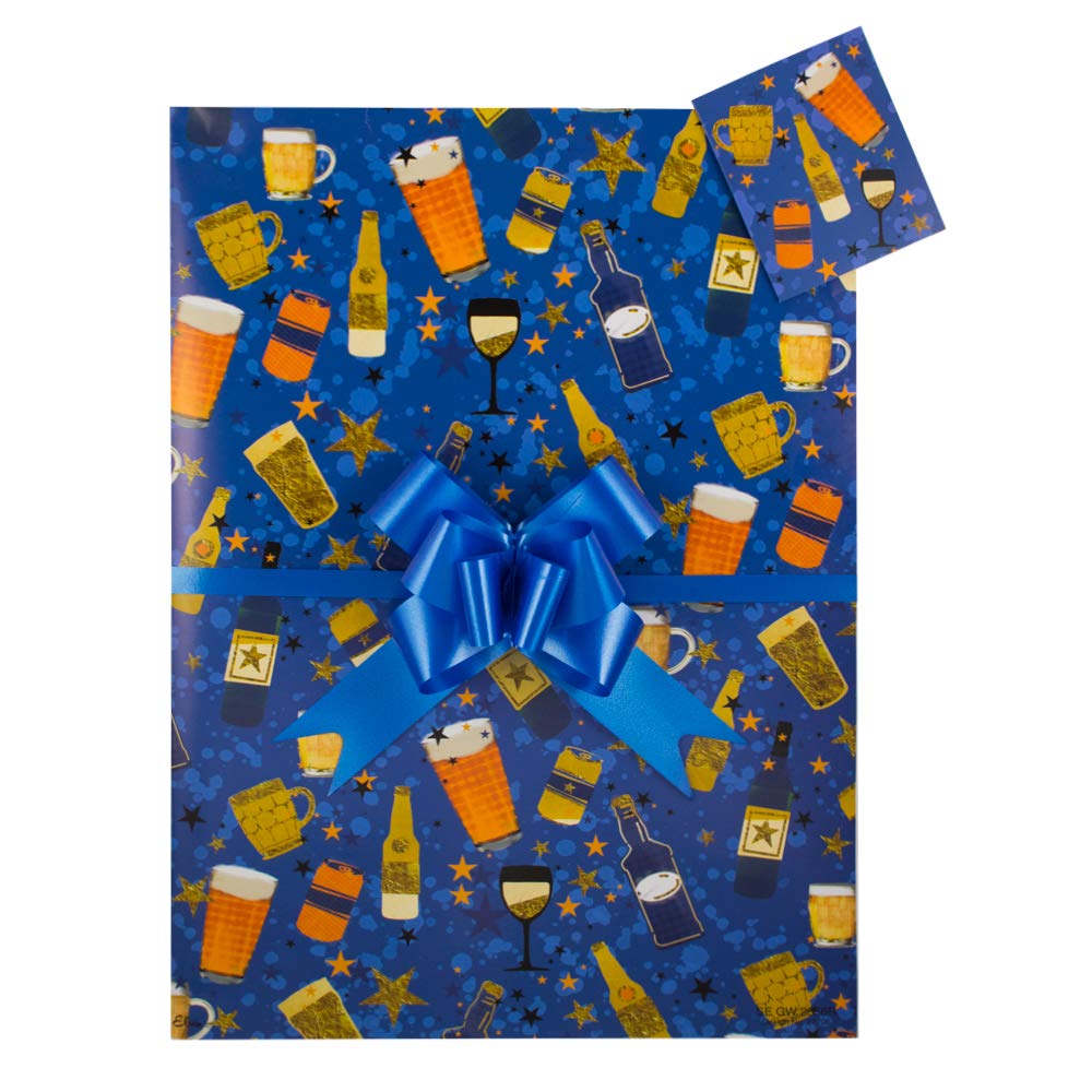 Men's Drinks Beer Gift Wrap Pack, 2 Wrapping Paper Sheets, 2 MatchingTags and 2 Blue Pull Bows.