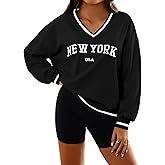 Hilinker Womens Graphic Oversized Sweatshirts V Neck Long Sleeve Pullover Tops