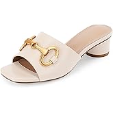 Coutgo Womens Heeled Slides Sandals Square Open Toe Chunky Block Kitten Low Heel Metal Chain Dressy Shoes