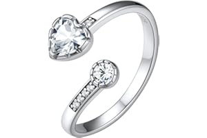 Silvora 925 Sterling Silver Adjustable Birthstone Ring with Heart Shaped Gemstone and Round CZ, Perfect for Women, with Gift 