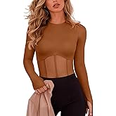 REORIA Women's Trendy Sexy Crew Neck Thumbholes Long Sleeve Sheer Mesh Going Out Bodysuit Tops