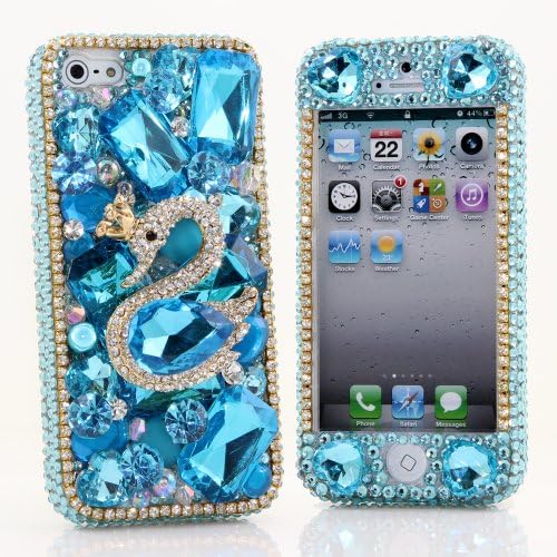 BlingAngels® 3D Luxury Bling iphone 5 5s Case Cover Faceplate Swarovski Crystals Diamond Sparkle bedazzled jeweled Design Front &amp; Back Snap-on Hard Case + FREE Premium Quality Stylus and Water-Resistant Bag (100% Handcrafted by BlingAngels) (Diamond Swan in Light Blue Background)