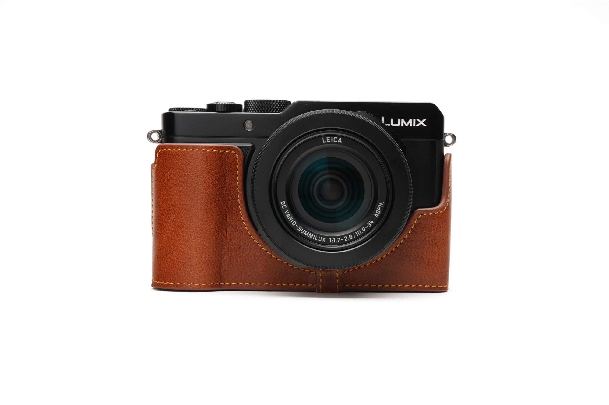 LX100 II Case, Zakao Handmade Genuine Real Leather Half Camera Case Bag Cover for Panasonic Lumix DC-LX100 II Bottom Opening Version With Hand Strap (Brass)