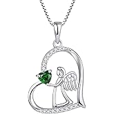 FJ Heart Guardian Angel Necklace 925 Sterling Silver Angel Wing Pendant Birthstone Jewelry for Women