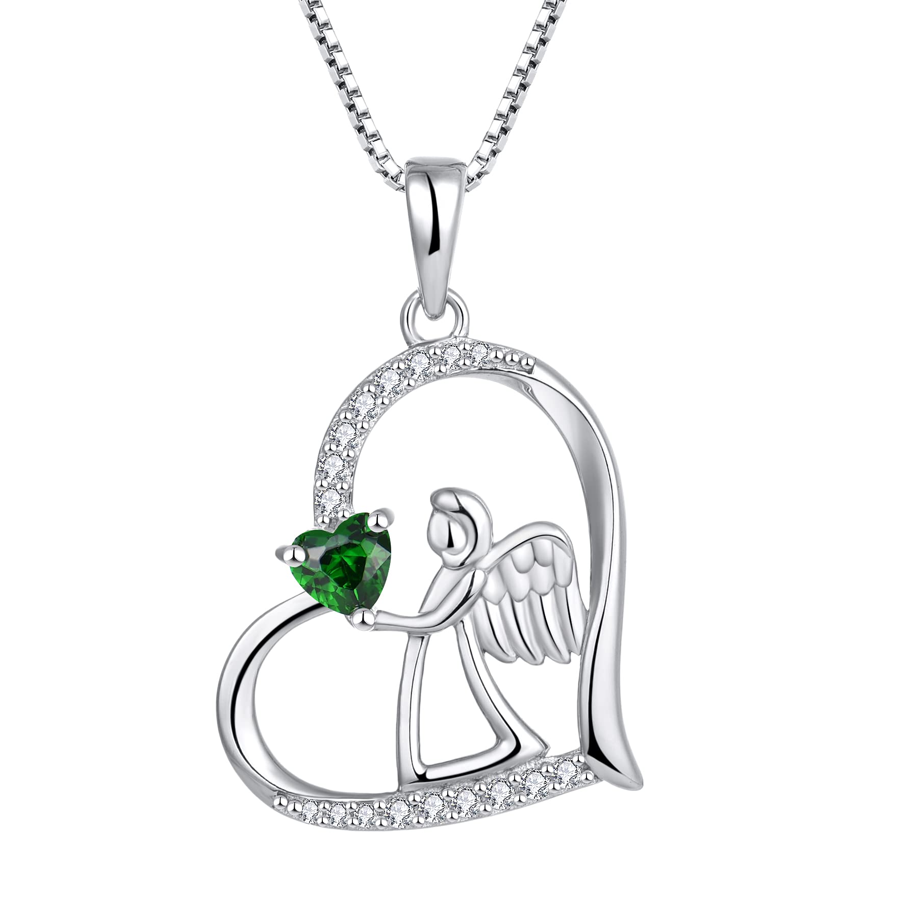 FJ Heart Guardian Angel Necklace 925 Sterling Silver Angel Wing Pendant Emerald Necklace May Birthstone Jewellery for Women