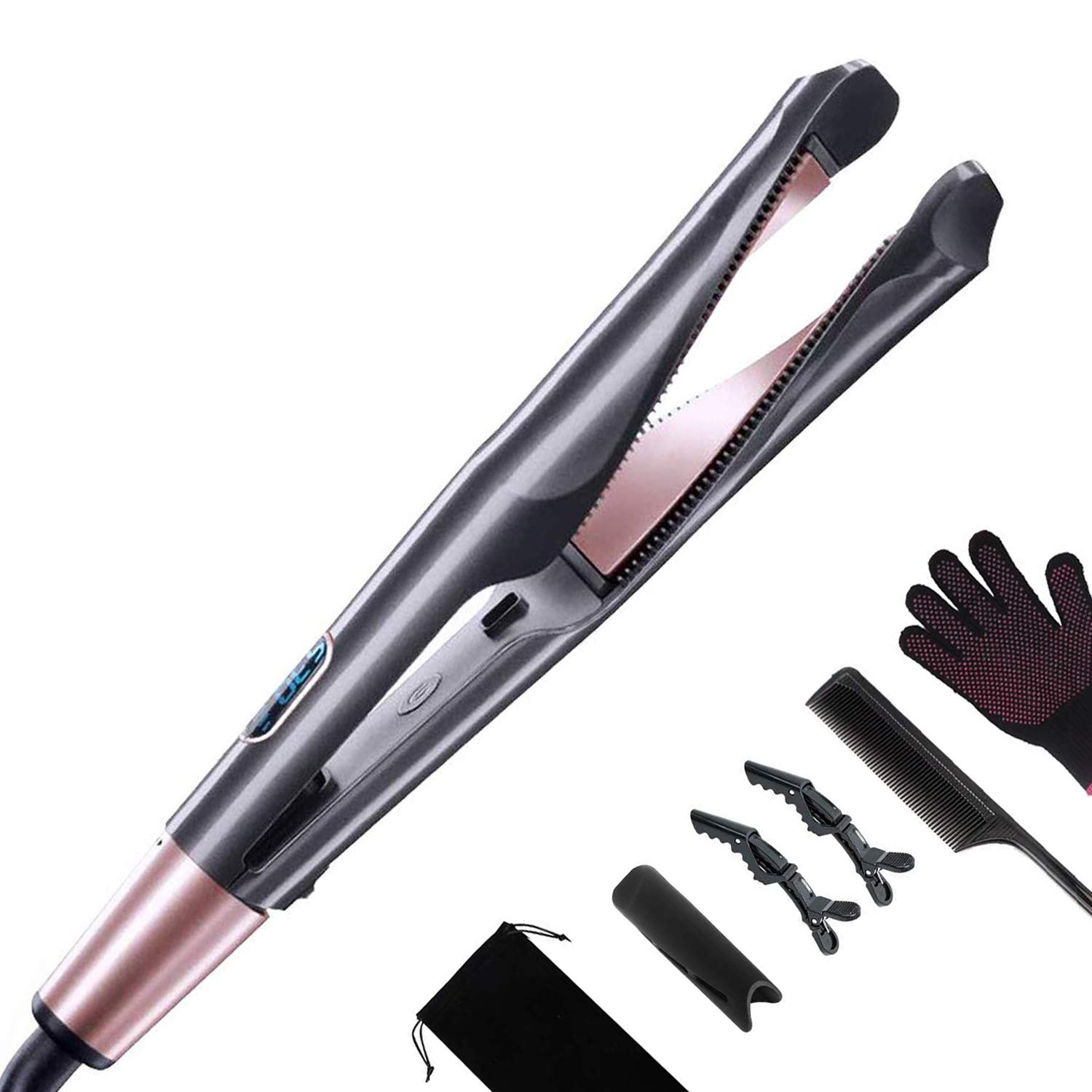Hair Straightener Flat Iron for Hair Styling,2 in 1 Straightener and Curling Iron,Tourmaline Ceramic Flat Iron with LCD Display, Rotating Adjustable Temperature and Dual Voltage for All Hair Types