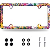 Hippie Flowers License Plate Frame Cute Floral License Plate Colorful Stainless Steel Funny Auto Parts Beautiful License Plate Decoration with Holes Screws Size 12.3" x 6.3"