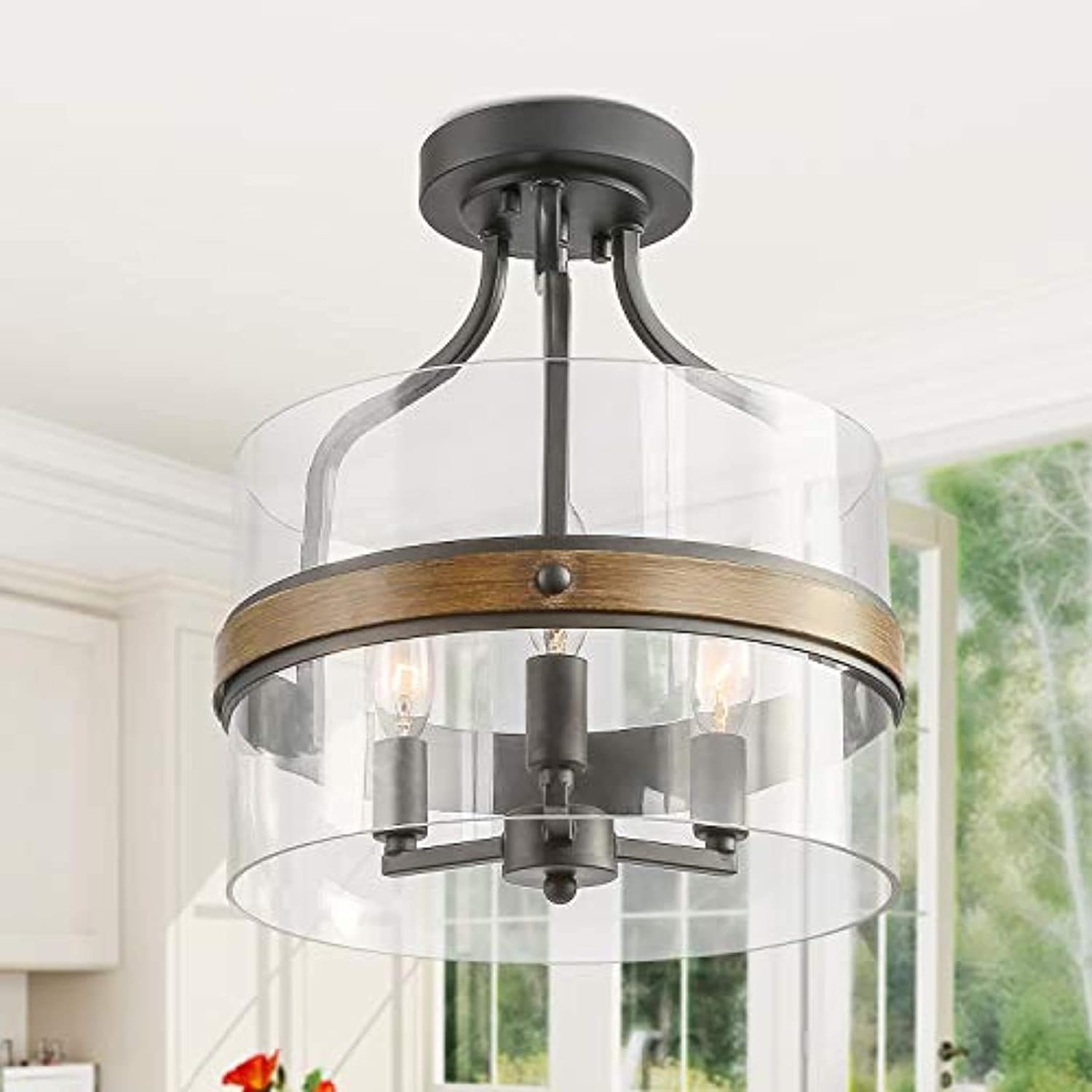 Semi Flush Mount Ceiling Light, Farmhouse Fixture With Clear Glass, For