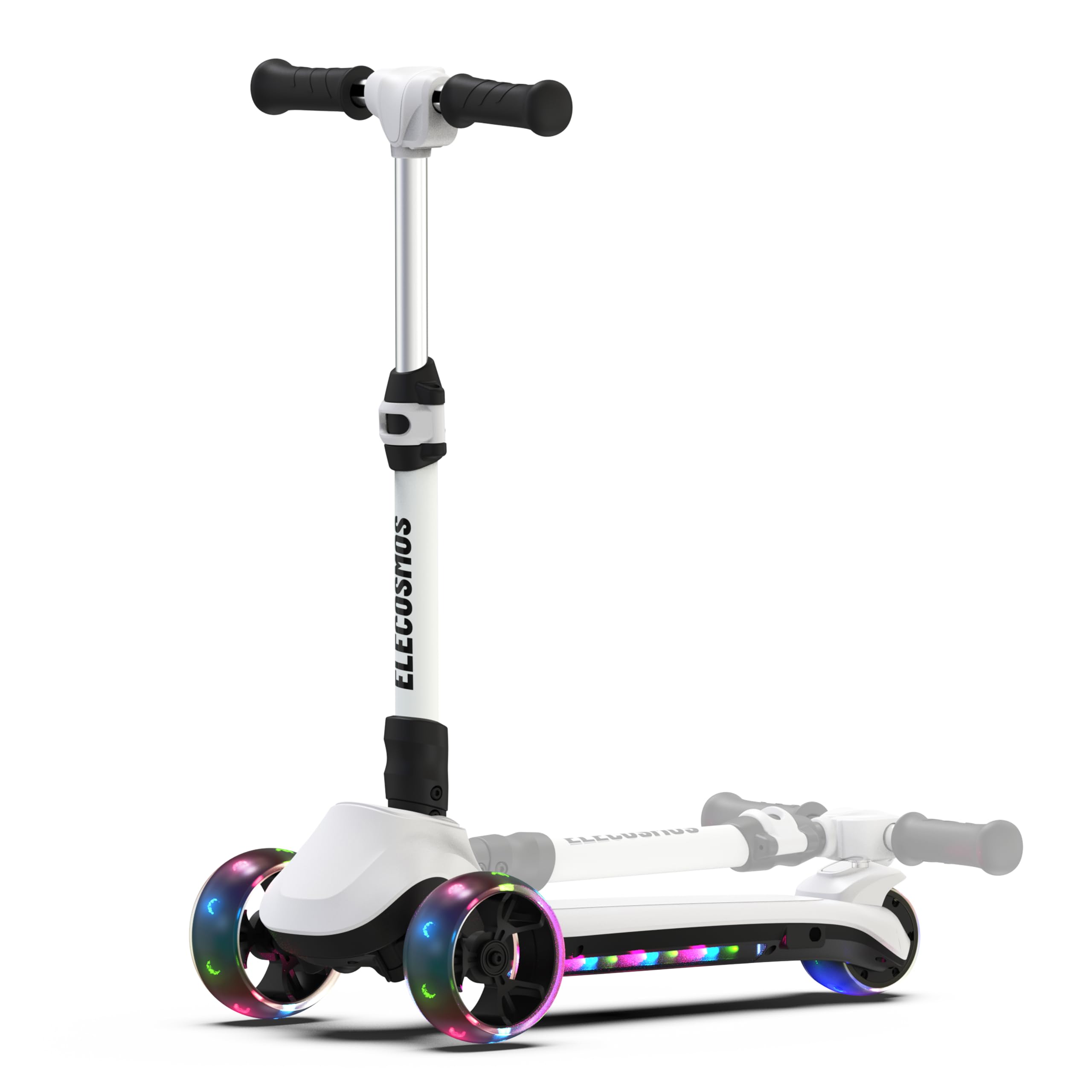 Photo 1 of **NO CHARGER****ELECOSMOS 3 Wheel Electric Scooter for Kids Ages, Light Up Deck & Big Wide Wheels, 3 Adjustable Heights Foldable Kick Scooter, 5mph, Lightweight Motorized Scooter for Kids Ages 4-6, 4-8, 6-8 White