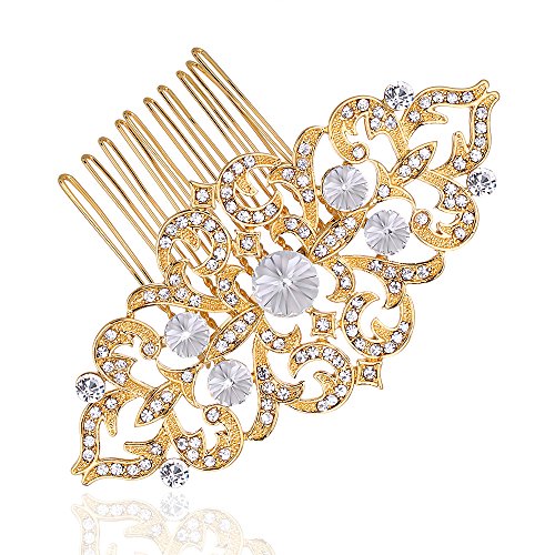 Lotus Short Bridal Handmade Luxury Austrian Crystal Hair Side Comb for Wedding or Party Hair Clip Ornament, Decoration Women s GIFT Headwear,Headdress Styling Jewelry Hairdress M&M Jewelry (Gold)