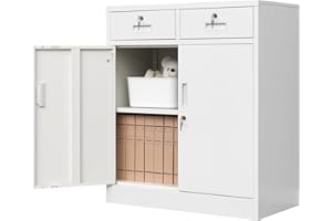 BESFUR Metal Storage Cabinet with Locking Doors and 2 Drawers, 36” Garage Cabinet for Classroom, Home and Office - White