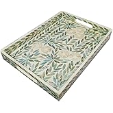 I-lan Creative Rectangular Mother of Pearl Shell Severing Tray Lacquer Wooden Decorative Tray Handmade Shell Serving Tray (35cm)