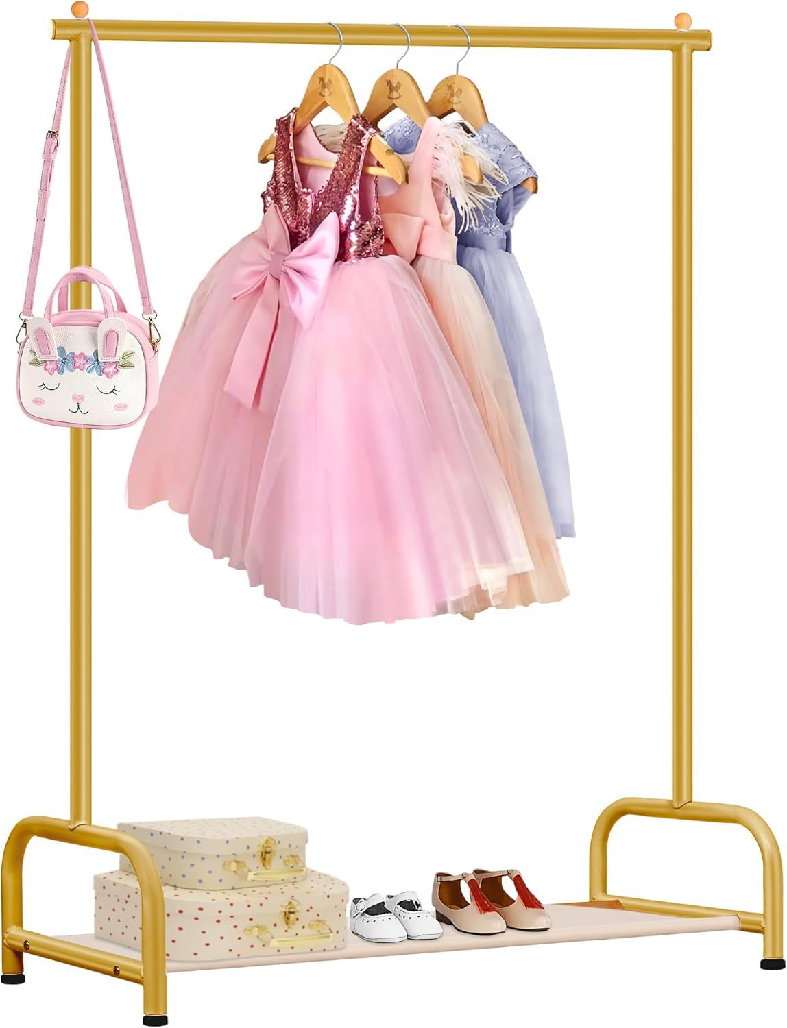 MISSLO Baby Clothes Rack, Small Kids Clothing Rack with Bottom Storage Shelf, Child Clothes Hanger Rack for Coats, Dance Costume Metal Garment Rack for Hanging Clothes, Gold