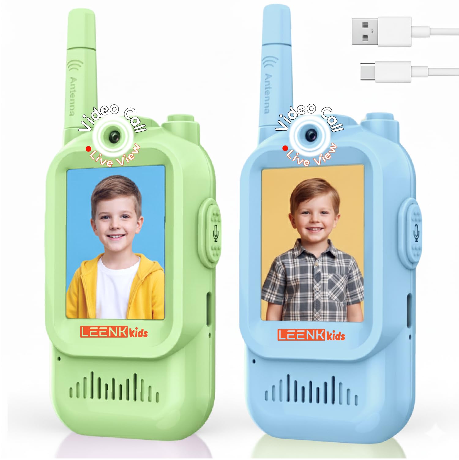 LEENK Kids Video Walkie Talkies 2 Pack – Rechargeable Video Intercom Handheld, Indoor & Outdoor Range, Easy Use for Ages 3-12, Eco ABS, Clear Voice & Long Distance Communication (Blue & Green)