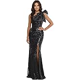 INEWER One Shoulder Bow Prom Dresses Ball Gowns 2026 Long Mermaid Sparkly Sequin Formal Evening Gowns with Slit L06006