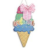 Putuo Decor Summer Wreath for Front Door, Ice Cream Welcome Hanging Sign, Colorful Scoop Cone Design Seasonal Decoration for Home Wall Porch Entryway Display