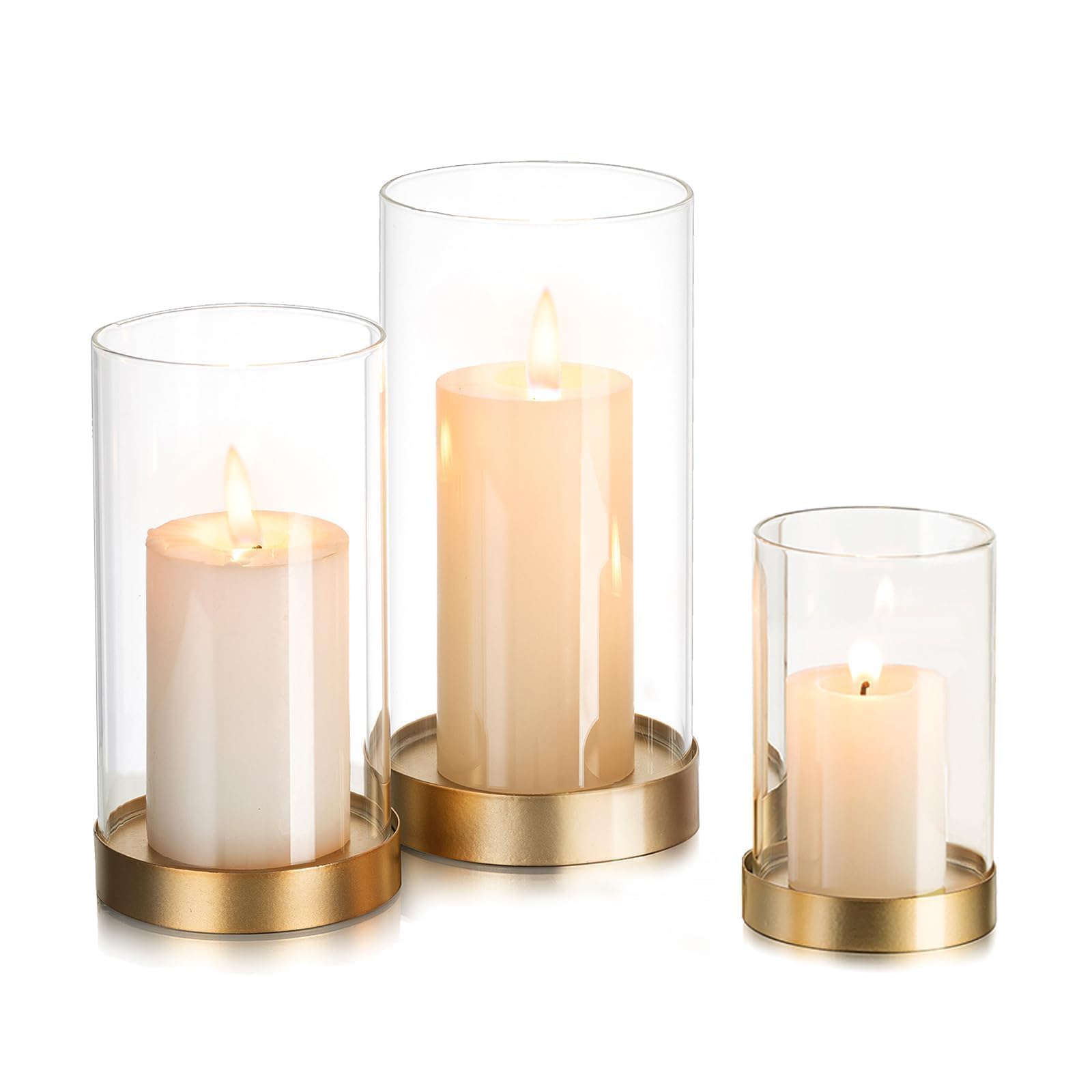 Photo 1 of Hewory Hurricane Candle Holder for Pillar Candles: Gold Votive Candle Holders Set of 3, Glass Hurricane with Metal Candle Plate, Pillar Candle Holder for Table Centerpiece Wedding Holiday Home Decor