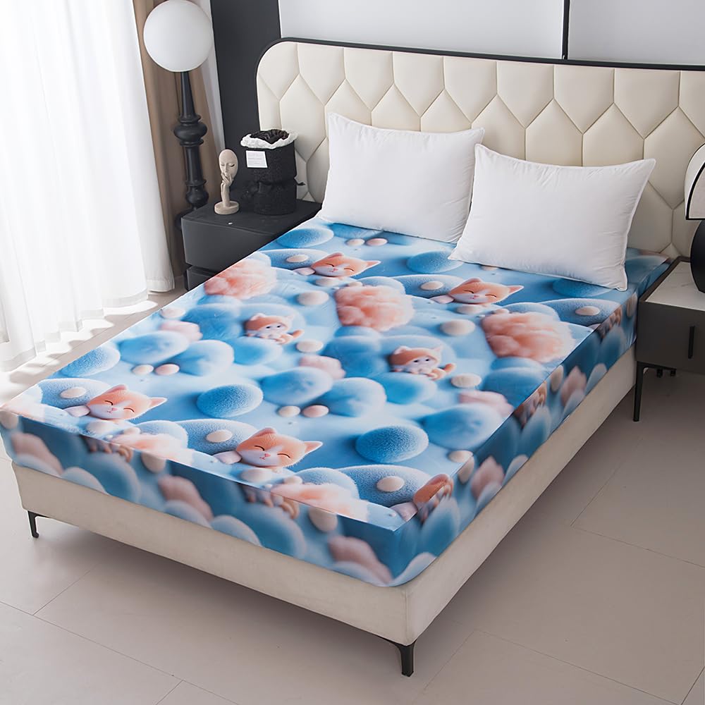 Photo 1 of **MINOR DAMAGE - Has stains**
NATURETY Bedding Fitted Sheet with Deep Pocket,3D Simulated Cats Pattern Printed Fabric Bed Sheets (Blue Cats,King)