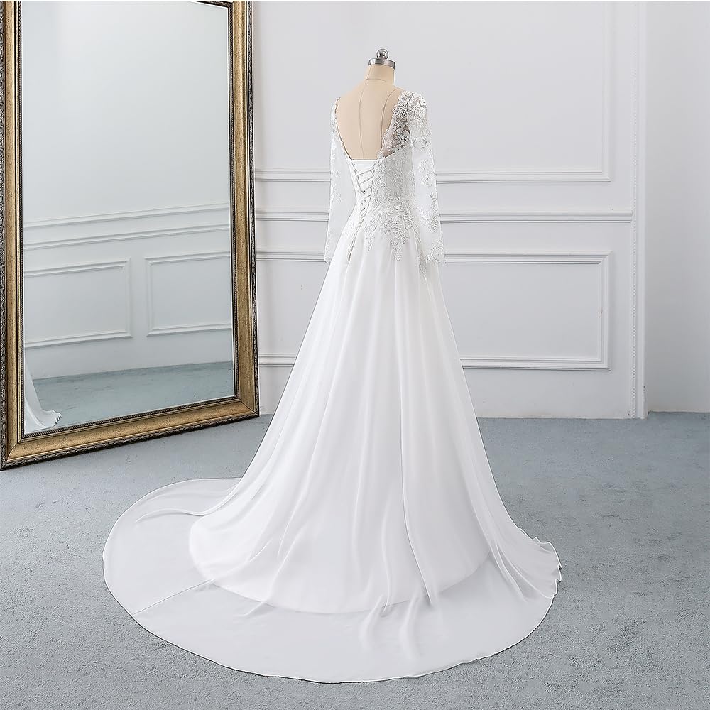 Findlovewedding Wedding Dresses for Bride with Lace Appliques Chiffon A Line Women Dress Long Sleeves Beach Bride Dress