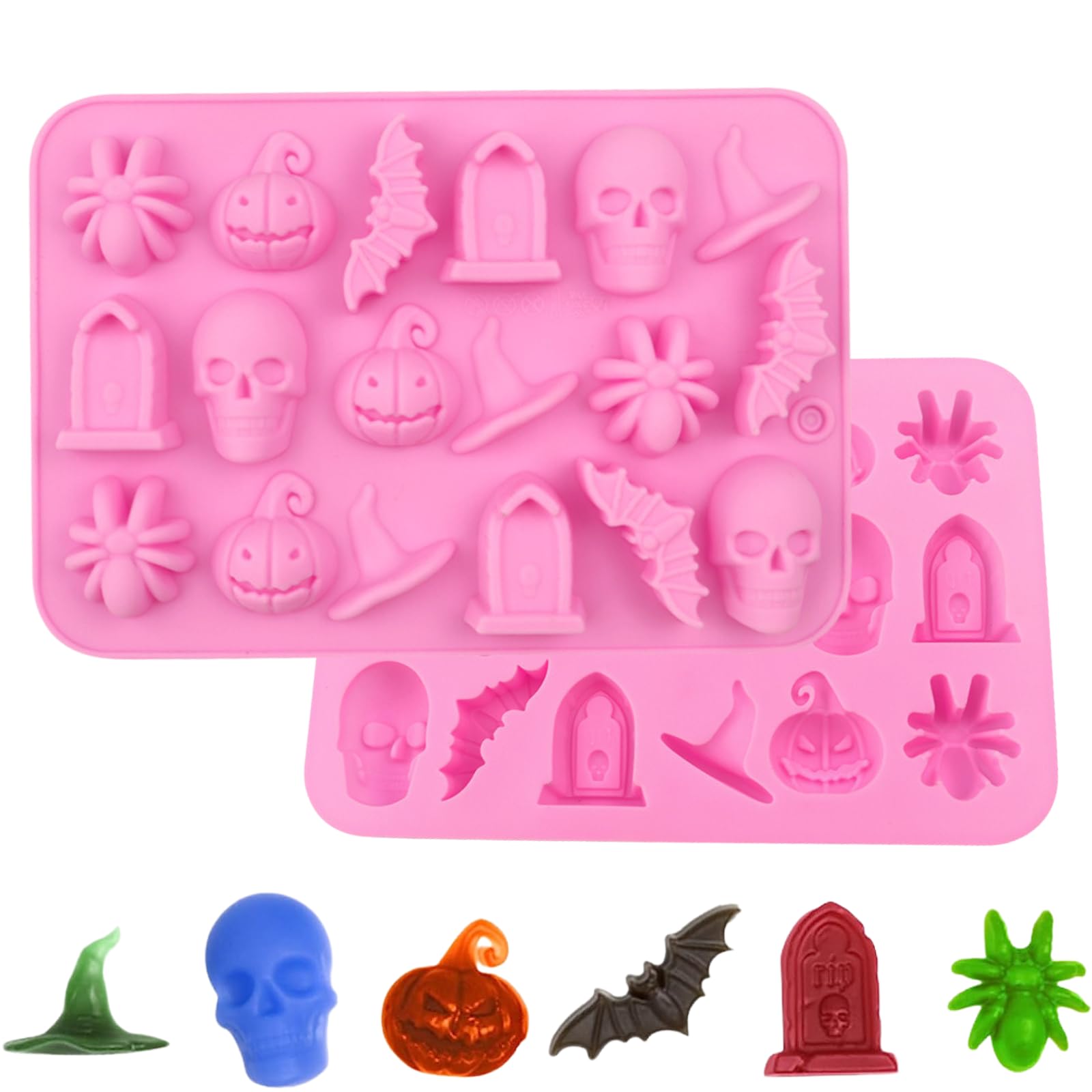 2 Pack Halloween Chocolate Moulds Silicone,Fondant Mould with Spider Bat Gravestone Skull Pumpkin Head Witch Hat Candy Cookies DIY Baking Mould for Halloween Party