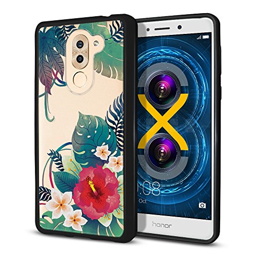 Huawei Honor 6X / Mate 9 Lite Hybrid Case, FINCIBO Slim Shock Absorbing TPU Bumper Silicone + Clear Hard Back Protective Cover Case for Huawei Honor 6X/ Mate 9 Lite 5.5 inch, Hibiscus Plumeria