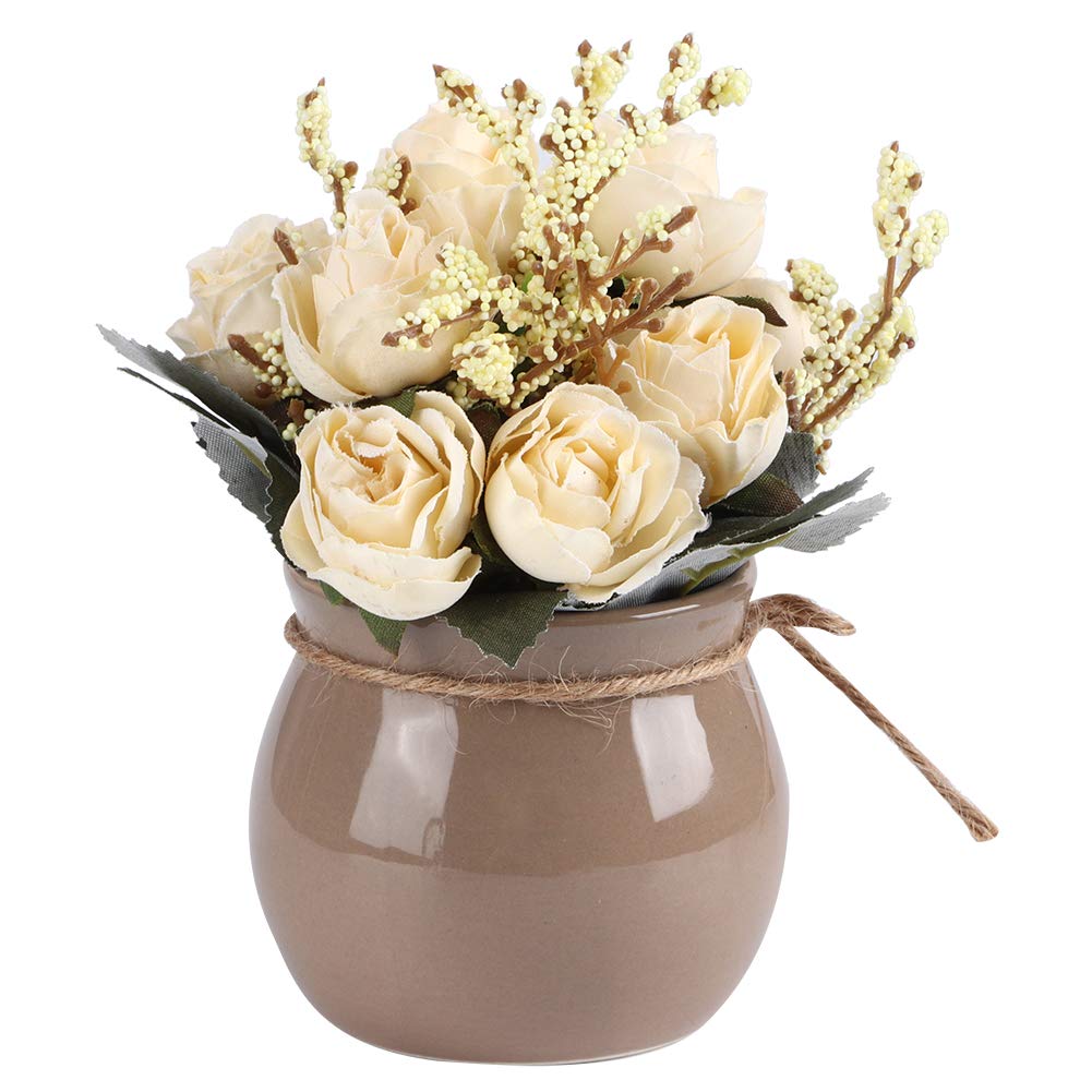 HERCHR Artificial Flowers in Vase, Silk Rose Flower Arrangements Fake Faux Flowers Bouquets Realistic Fake Faux Silk Flowers with Ceramics Vase Table Centerpieces for Dinning Table