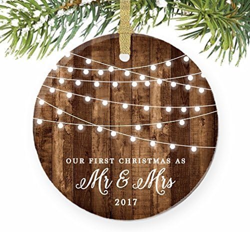 First Christmas as Mr & Mrs Ornament 2019, Rustic 1st Married Funny Christmas Ornament, First Married Flat Circle Porcelain Ceramic Ornament w Glossy Glaze, Gold Ribbon Box