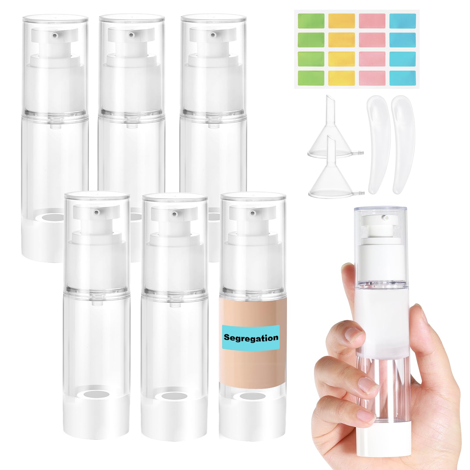 Furuising 6Pcs 30ml Airless Pump Bottle, Mini Empty Travel Pump Bottles, Refillable Clear Lotion Pump Containers with 5ml Syringe and Stickers for Foundation, Essence, Cream, Toiletries