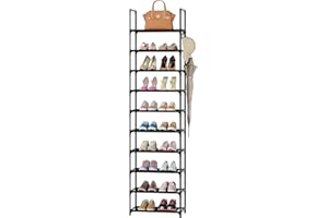 WOKKOW Shoe Rack Organizer, 10 Tier Tall Narrow Shoe Rack for Closet Entryway, Shoe Storage Shelf Holds 20-25 Pairs with Hooks, Black