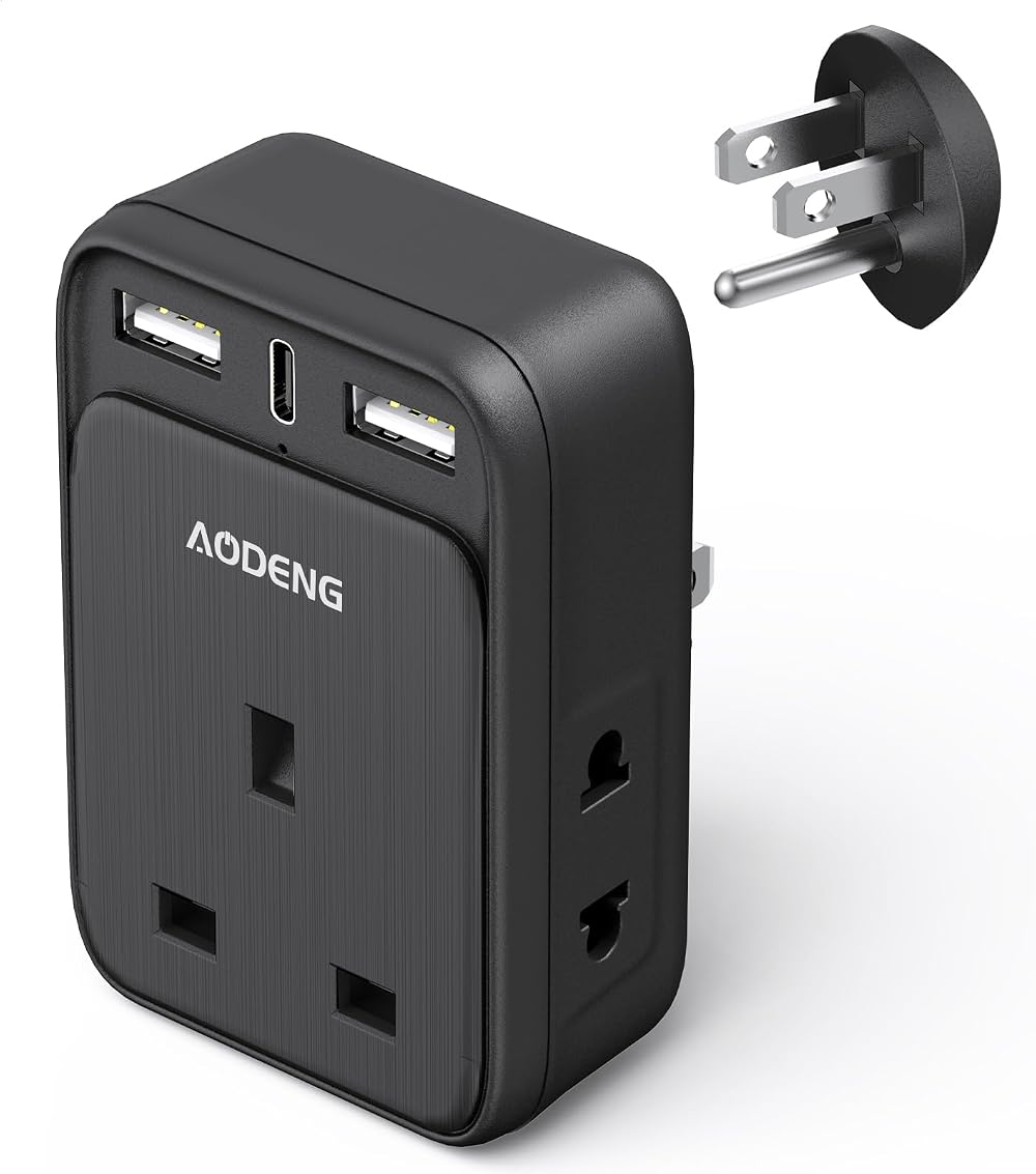Aodeng UK to US Travel Adapter 6 in 1 with 2 USB Ports Type C Shaver UK plug