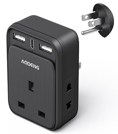 Aodeng UK to US Travel Adapter 6 in 1 with 2 USB A, 1 USB C & Shaver Ports