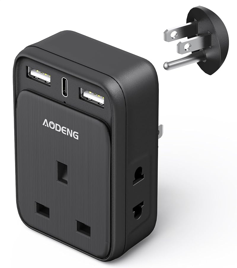 Aodeng UK to US Travel Adapter 6 in 1 with 2 USB Ports Type C Shaver UK plug