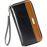 Womens RFID Blocking Genuine Leather Zip Around Wallets Large Cell Phone Holder Clutch Travel Purse Wristlet Black
