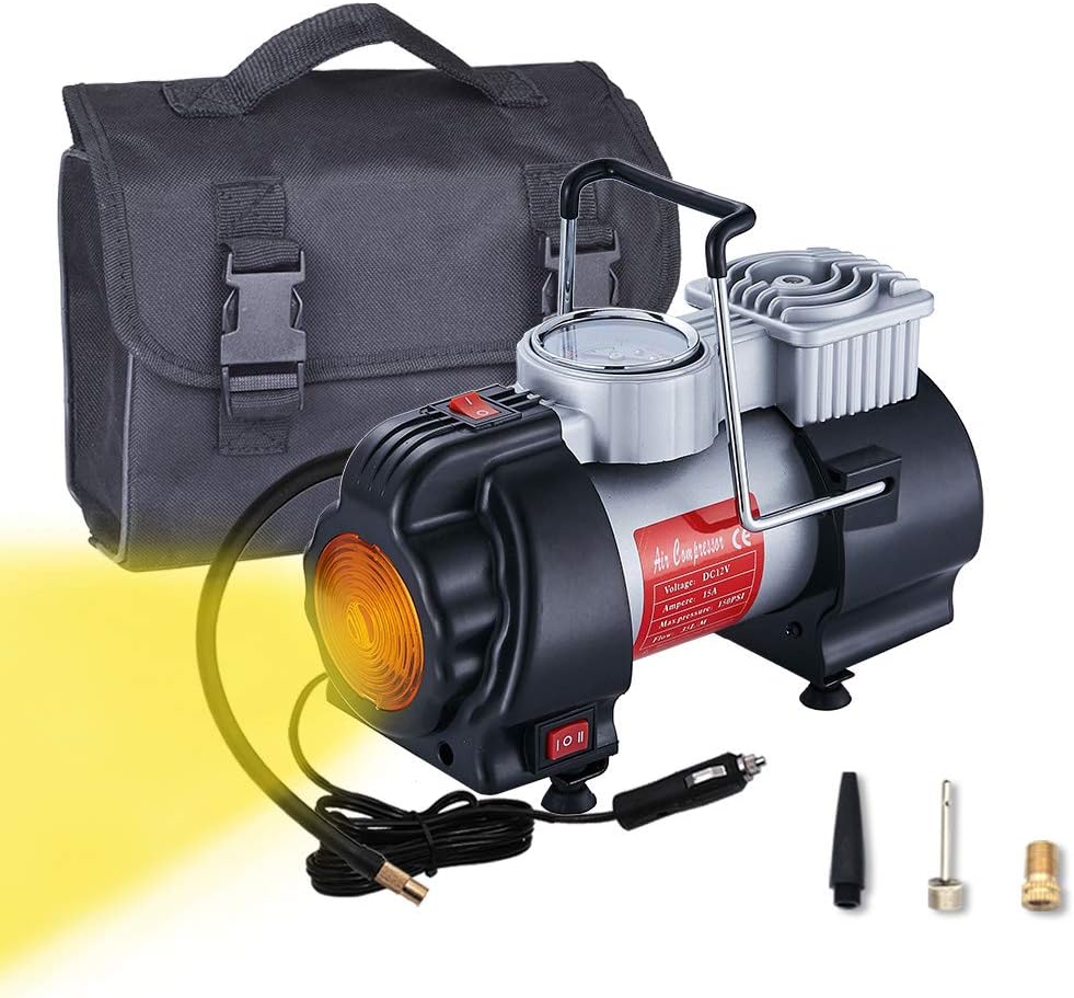 GSPSCN Heavy Duty Air Compressor Pump, Portable Tire Inflator with Yellow Flashlight and Double Flash Signal Light 12V 150 PSI for Car, SUV, Motorcycle, Bicycle, Ball,and Others Inflatable