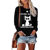 Nebere Womens Funny Saying I'm Fine Everything is Fine Sweatshirt Humor Graphic Tee Casual Loose Long Sleeve Cute Cat Tops