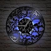 TIMEGLOW Skull Wall Clock, 7 Colors LED Lighting 12 Inch Skeleton Wall Clock, Silent Quartz Non Ticking Vintage Decorative Night Light Vinyl Record Wall Lamp Clock Watch Halloween Unique Party Decor