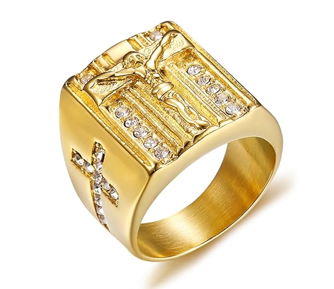 Vnox Herren Edelstahl Kristall Christian Heilige Jesus Kreuz Ehering Signet Ring Gold