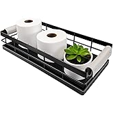 Toilet Paper Storage Basket, 13 Inch Wood and Iron Toilet Tank Basket with Grip for Bathroom Tank Topper, Fragrance Cosmetics toiletries Bath Bottles Counter Decoration Tray (Black)