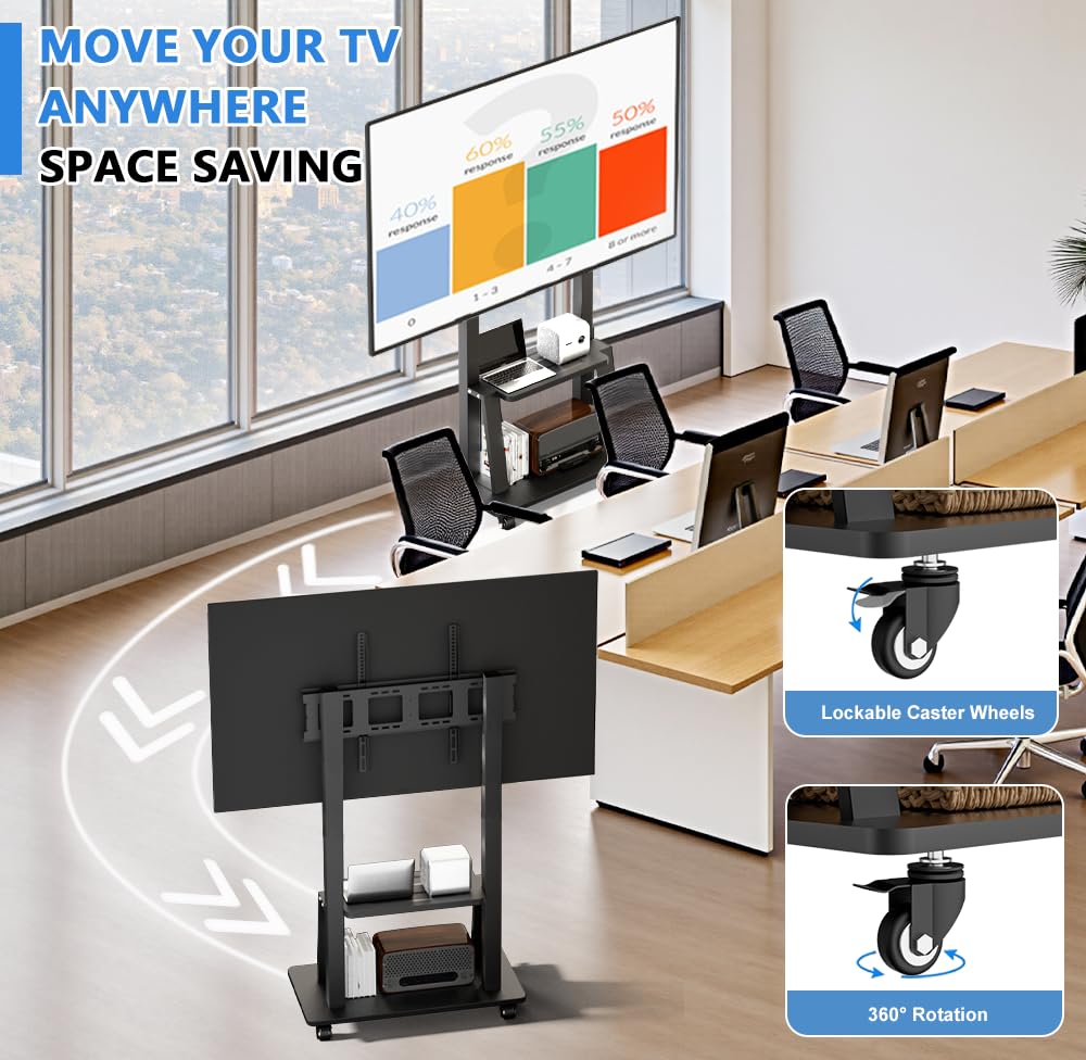 Mobile TV Stand with Power Outlet, Portable TV Stand on Wheels for 32 to 65 70 75 83 inch TV, Height Adjustable,Holds up to 130LBS, Vesa 600×400mm.