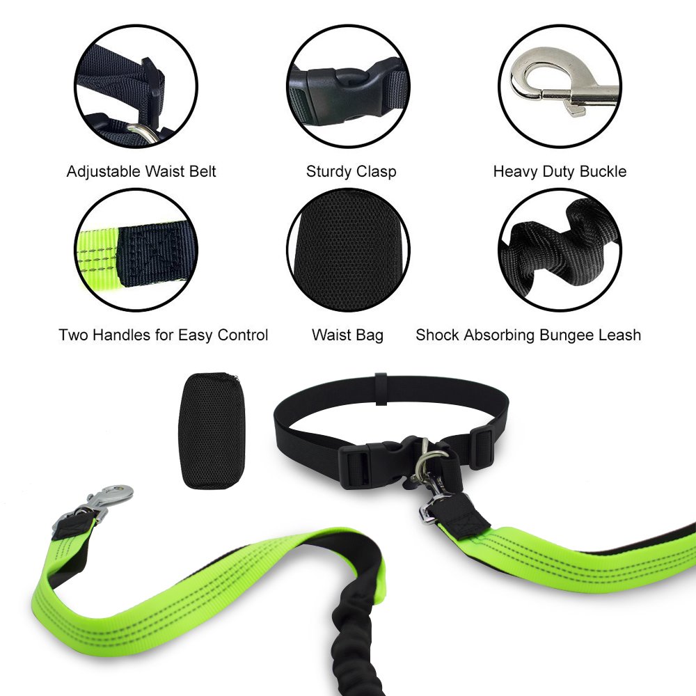 Roadwi Hands Free Dog Leash, Dual Handle Bungee Leash for Shock Absorbing, Adjustable Waist Belt with Storage Bag for Running, Hiking, Jogging or Walking (Green)