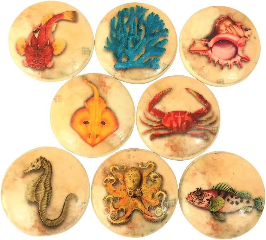 Set of 8 Colorful Sea Creatures Print Wood Cabinet Knobs (Set 1)