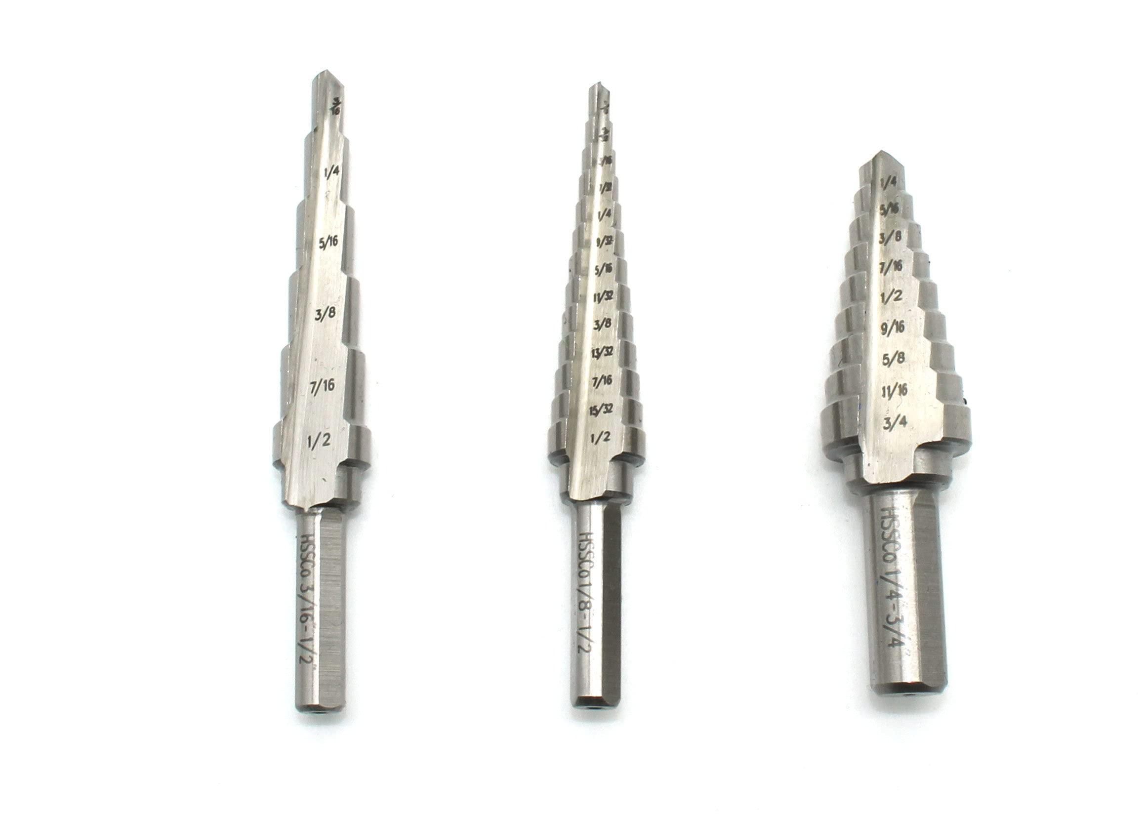 TEMO 3pc M35 Cobalt HSS Step Drill Set Two Flute Total 28 Sizes: 3/16 inch (4.8mm) - 1/2 inch (12.7mm) 6 Step, 1/4 inch (6.4mm) -3/4 inch (19mm) 9 Step, 1/8 inch (3.2mm) -1/2 inch (12.7mm) 13 Step