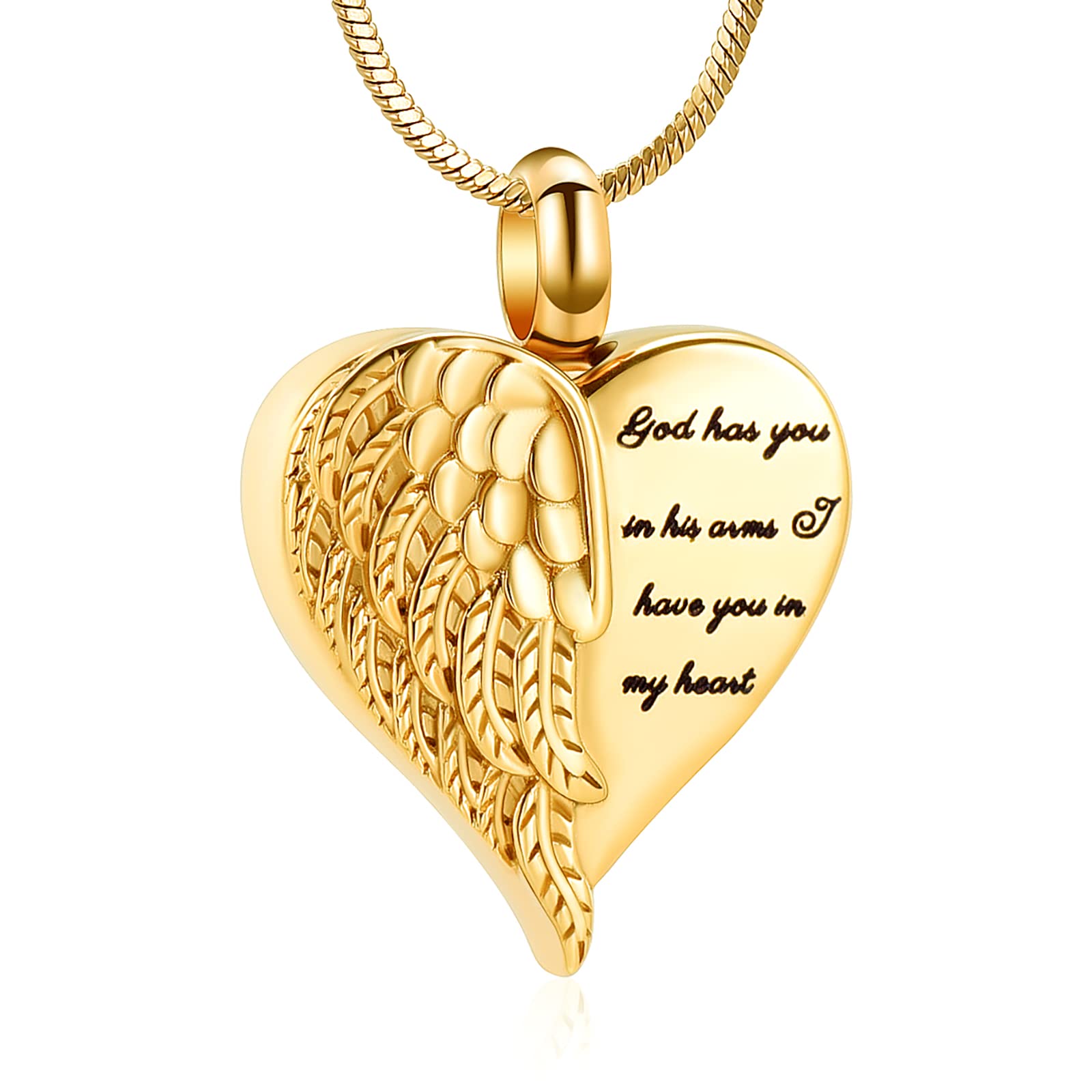 Minicremation Cremation Jewelry for Ashes Heart Urn Necklace Pendants Ashes for Women Men Keepsake Memorial Angel Wing with Charm Heart for Loved Ones (Gold-God)