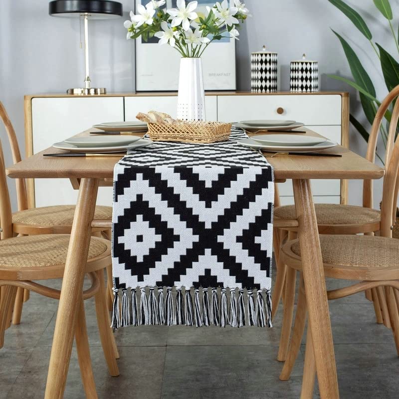 Aeici Table Runner Mat, Runner Table Cloth White and Black Cotton Linen 32X240CM Patio Table Decorations Outdoor