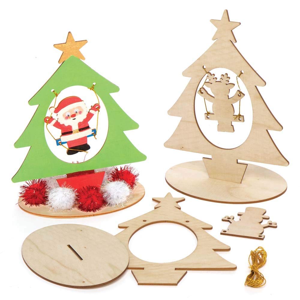 Baker Ross AX428 Christmas Tree Wooden Character Art Kits - Pack of 4, Woodcraft Kits for Kids Festive Arts and Crafts Activities