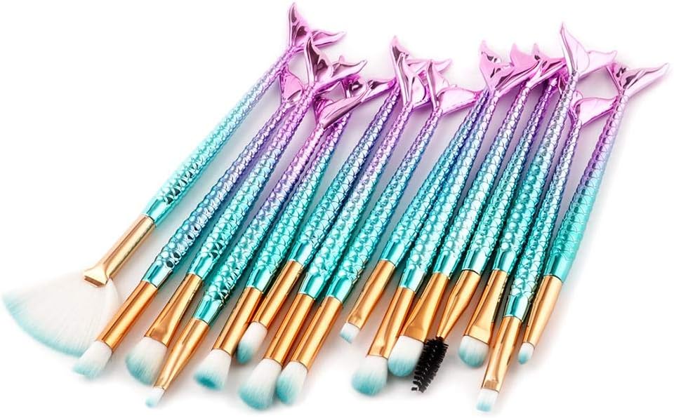 Makeup Brush Set, Mermaid Makeup Brushes 15Pcs Fantasy Essential Cosmetics Make Up for Face Eye Shadow Eyeliner Foundation Blush Lip Powder Liquid Cream Blending Complete Make up Brushes Set