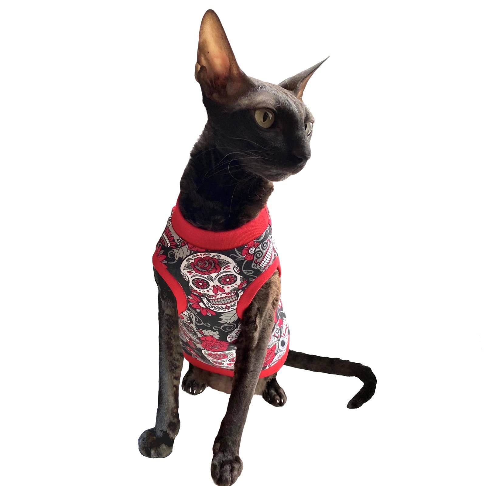 Kotomoda Cat's T-shirt Red Sculls for Sphynx and naked cats (XS)
