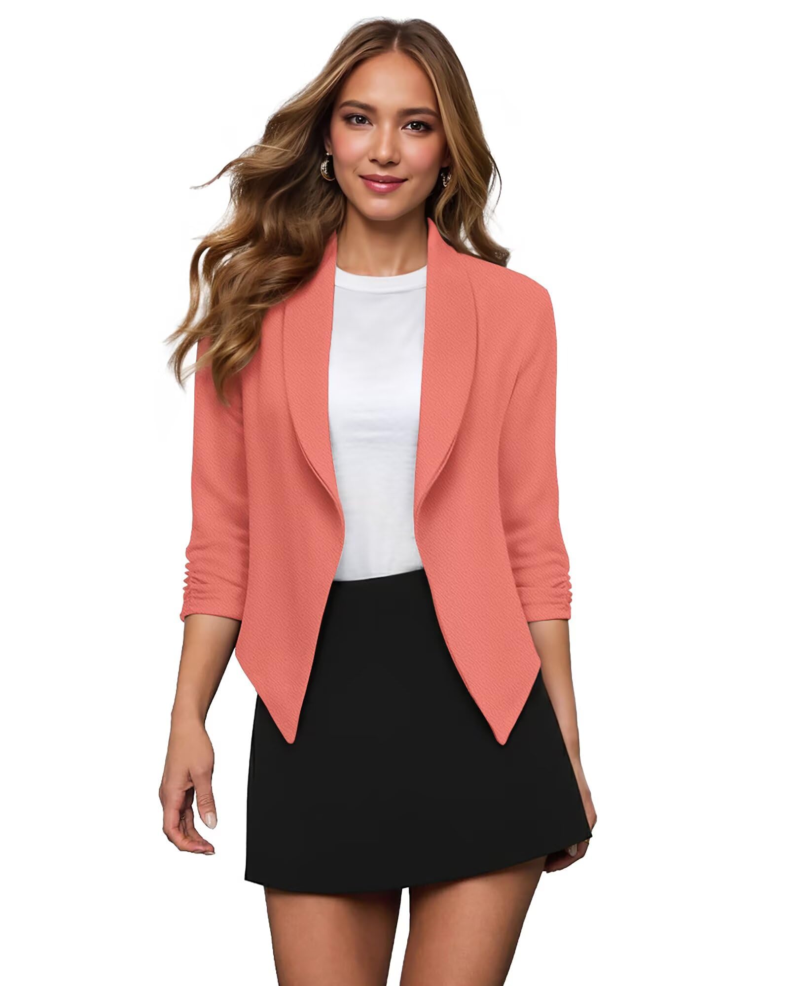 Photo 1 of & Company Lightweight Open Front Cardigan Classic Ruched Sleeve Work Office Blazer Suit Jackets JK1133 Coral S