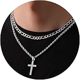 P. BLAKE Layered Cross Necklace With Chain for Men Boys, Stainless Steel Cross Pendant Figaro Link Rope Chain 16-24 Inch Christian Religious Chriatmas Jewelry Gifts