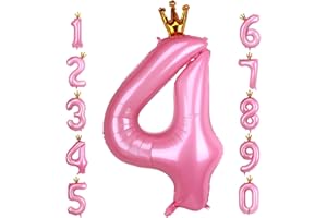 HZQRUQH 40 Inch Crown Pink Number 4 Balloon, Big Conjoined Baby Pink Foil Mylar Helium 4 Balloon | Girls 4th Birthday Party Balloon Pink Princess Theme Birthday Party Decorations Supplies Favors